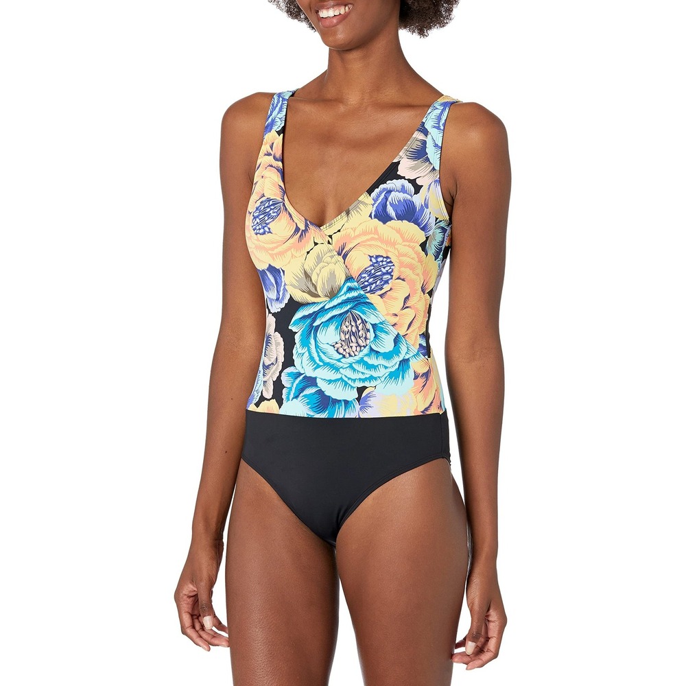 SKYE Swimwear One Piece Women Size M Black Floral Excellent V-Neck Wrap Bodice
